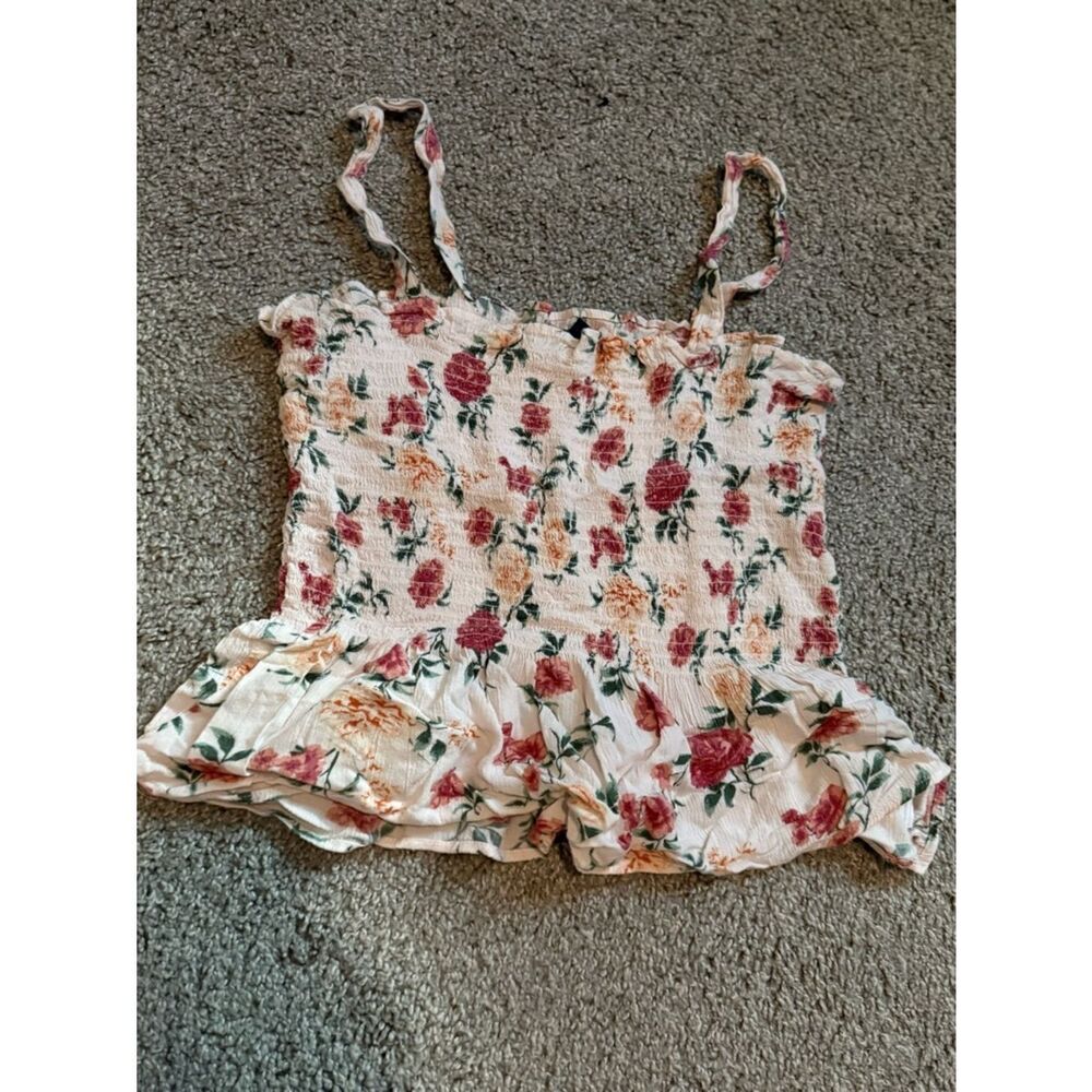 American Eagle Outfitters White Floral Smocked Cami with Pink & Peach Roses